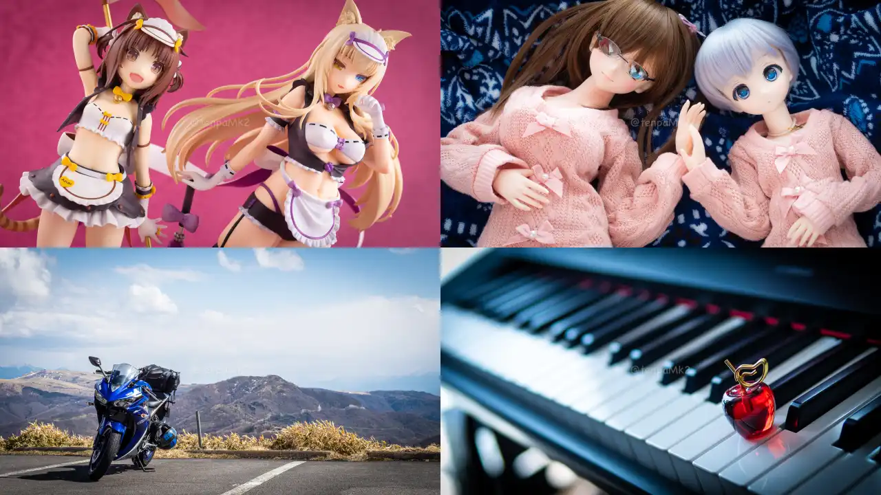 Dolls, figures, motorcycle and piano.